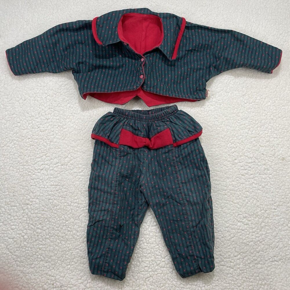 Vintage Baby Girl Green Red Christmas Outfit 18m Toddler Magi 2 Piece Set Pants